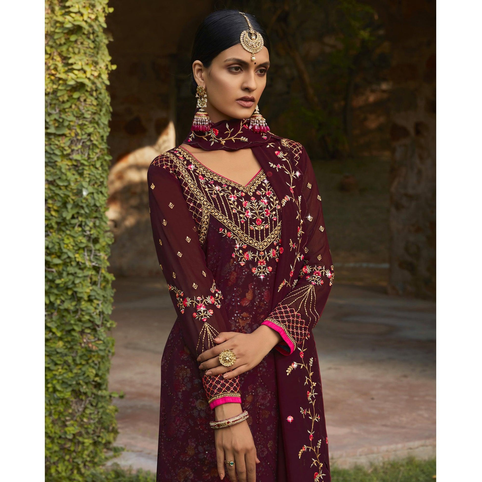 Maroon Embellished With Embroidered Georgette Palazzo Suit