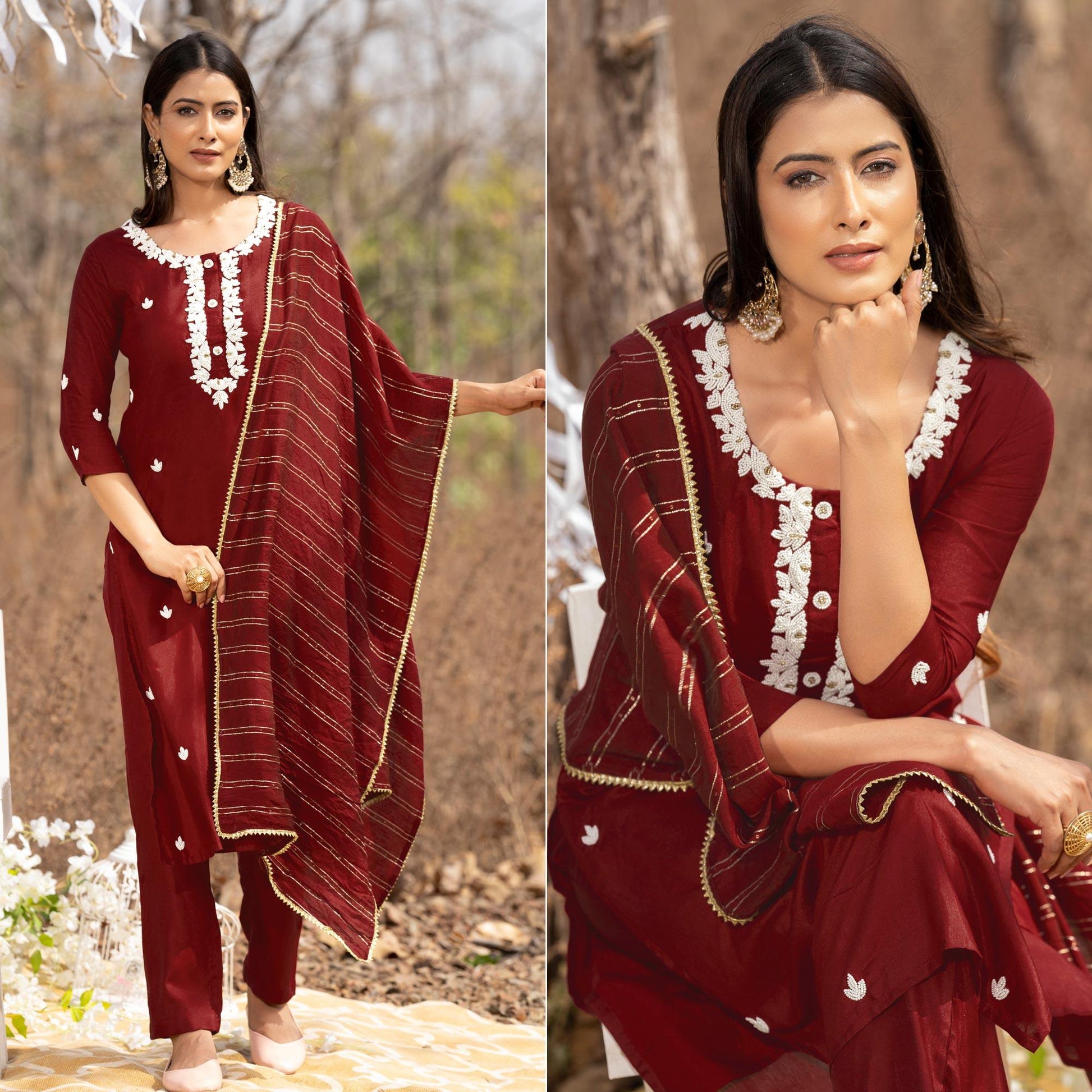 Maroon Embellished With Embroidered Muslin Kurti Pant Set With Dupatta
