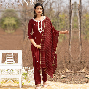 Maroon Embellished With Embroidered Muslin Kurti Pant Set With Dupatta