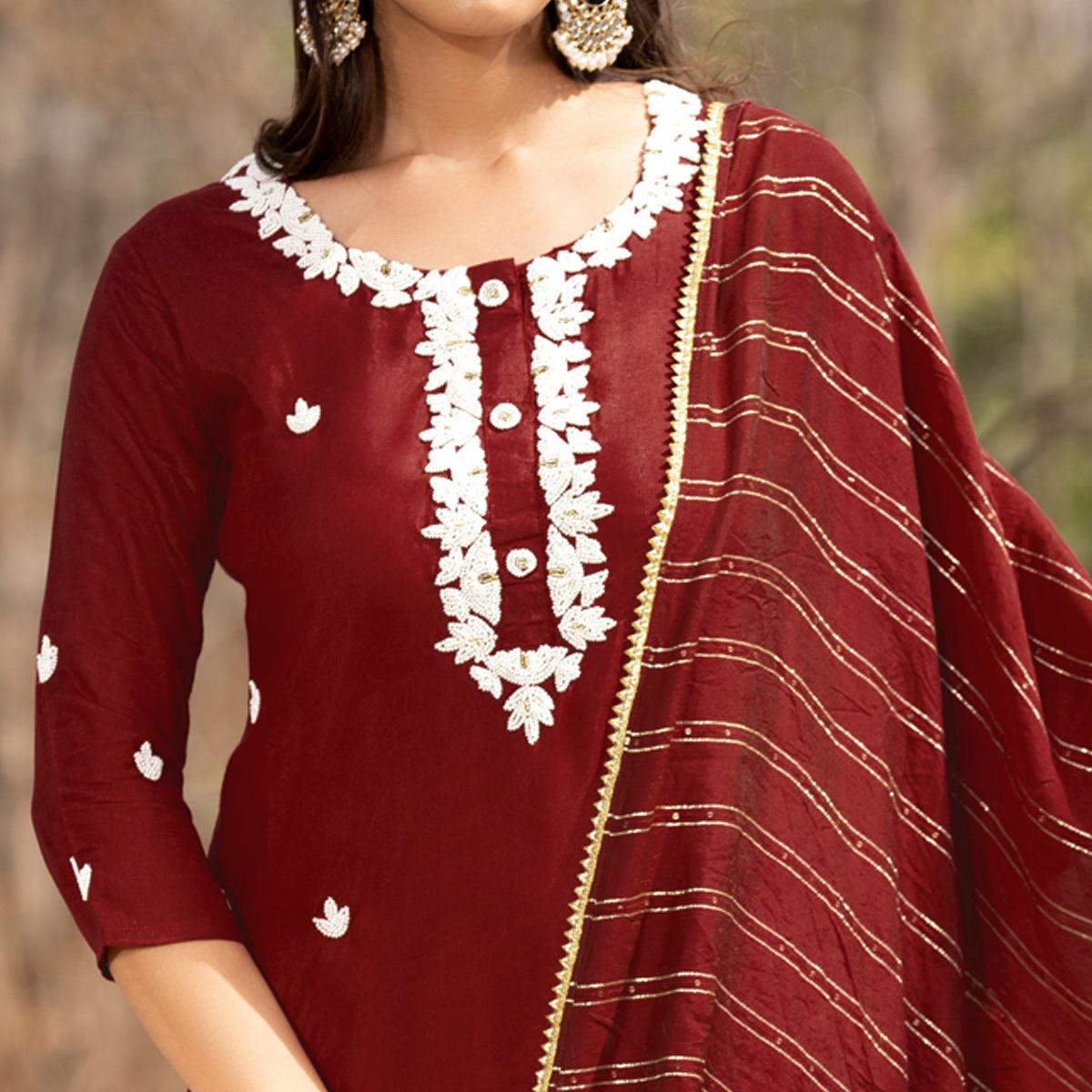Maroon Embellished With Embroidered Muslin Kurti Pant Set With Dupatta
