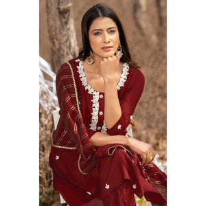 Maroon Embellished With Embroidered Muslin Kurti Pant Set With Dupatta