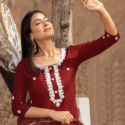 Maroon Embellished With Embroidered Muslin Kurti Pant Set With Dupatta