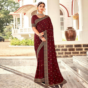 Maroon Embellished With Embroidered Vichitra Silk Saree