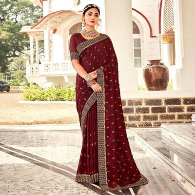 Maroon Embellished With Embroidered Vichitra Silk Saree