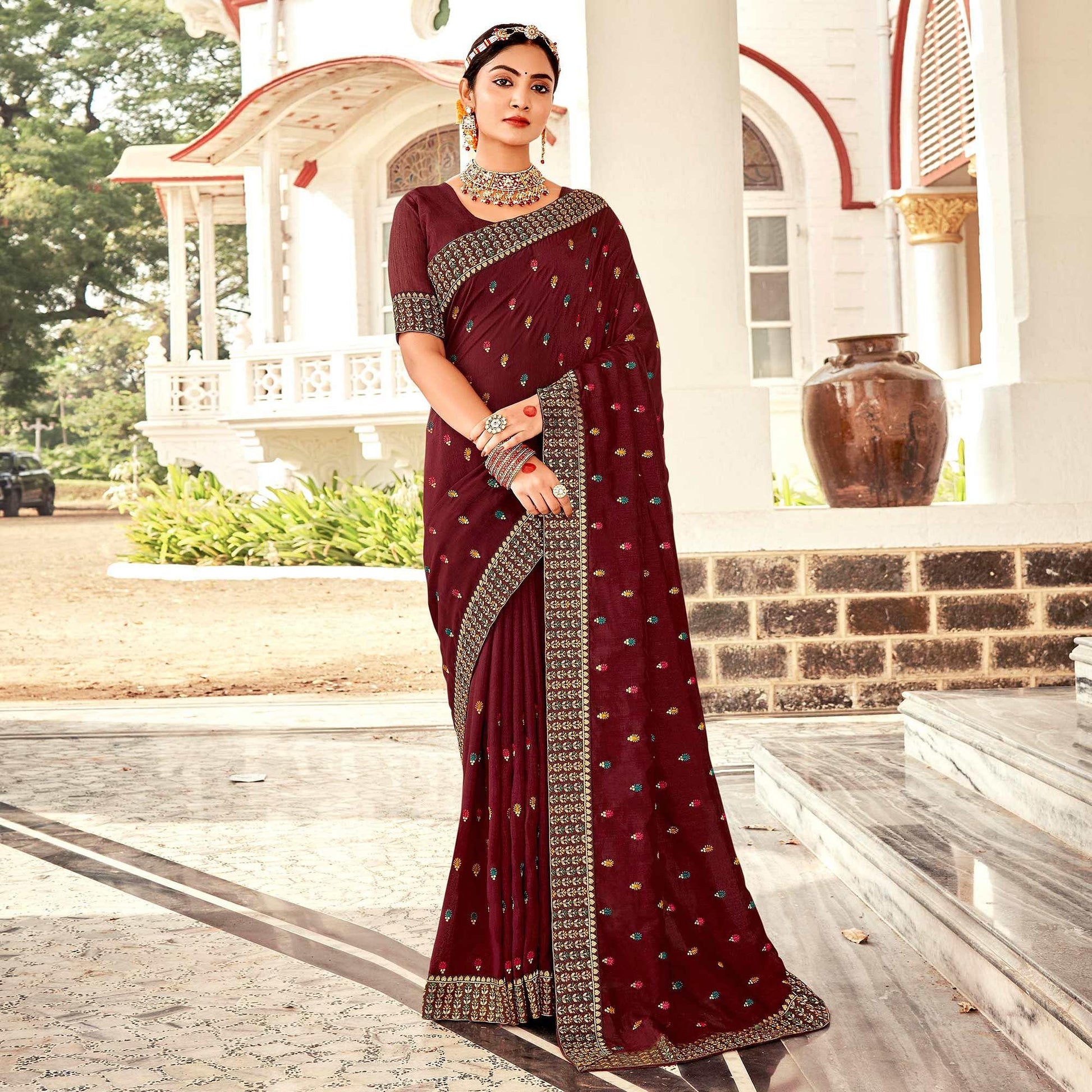 Maroon Embellished With Embroidered Vichitra Silk Saree
