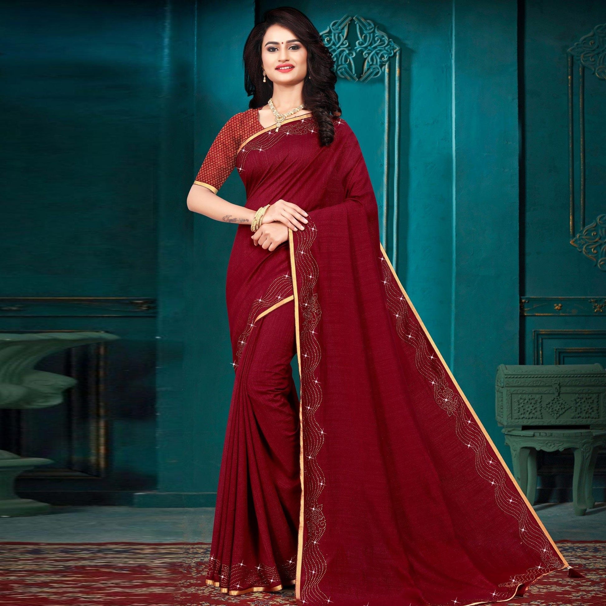 Maroon Embellished With Embroidered Vichitra Silk Saree