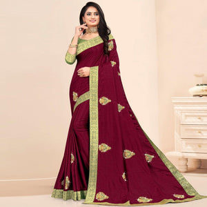 Maroon Embellished With Embroidered Vichitra Silk Saree
