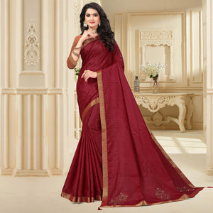 Maroon Embellished With Embroidered Vichitra Silk Saree