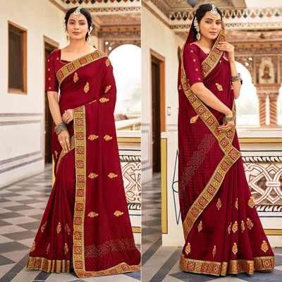 Maroon Embellished With Embroidered Vichitra Silk Saree