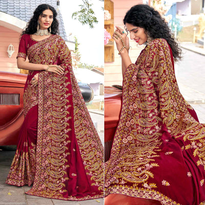 Maroon Embellished With Embroidered Vichitra Silk Saree