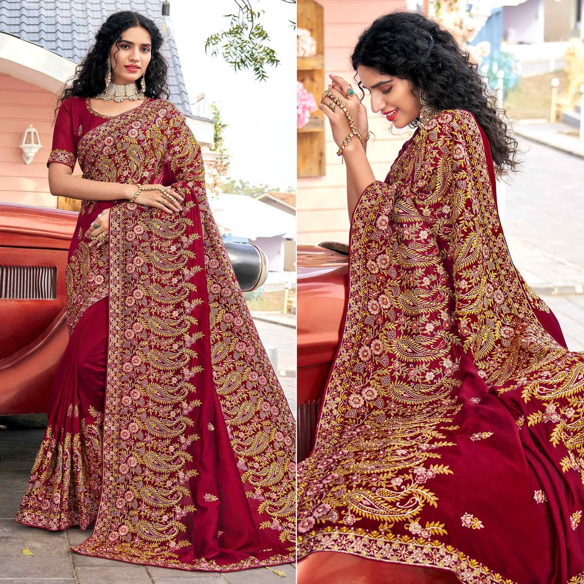 Maroon Embellished With Embroidered Vichitra Silk Saree