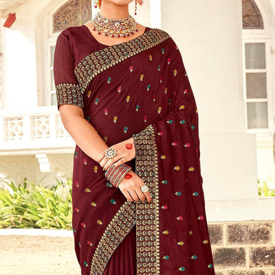 Maroon Embellished With Embroidered Vichitra Silk Saree