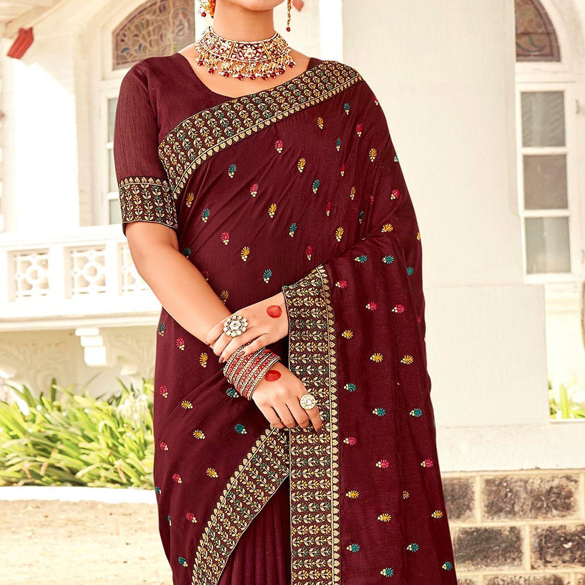 Maroon Embellished With Embroidered Vichitra Silk Saree