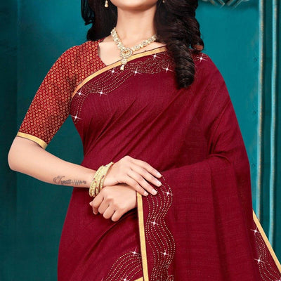 Maroon Embellished With Embroidered Vichitra Silk Saree