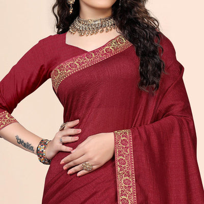 Maroon Embellished With Embroidered Vichitra Silk Saree