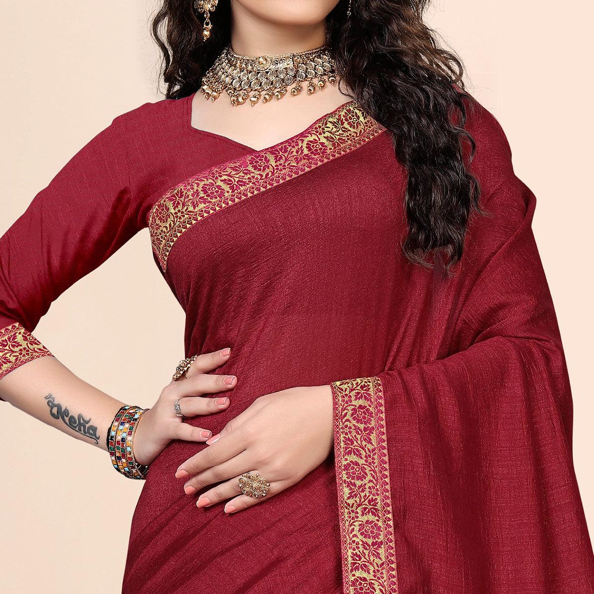 Maroon Embellished With Embroidered Vichitra Silk Saree