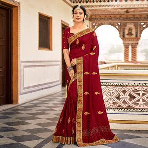 Maroon Embellished With Embroidered Vichitra Silk Saree