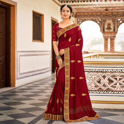 Maroon Embellished With Embroidered Vichitra Silk Saree