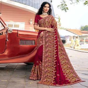 Maroon Embellished With Embroidered Vichitra Silk Saree