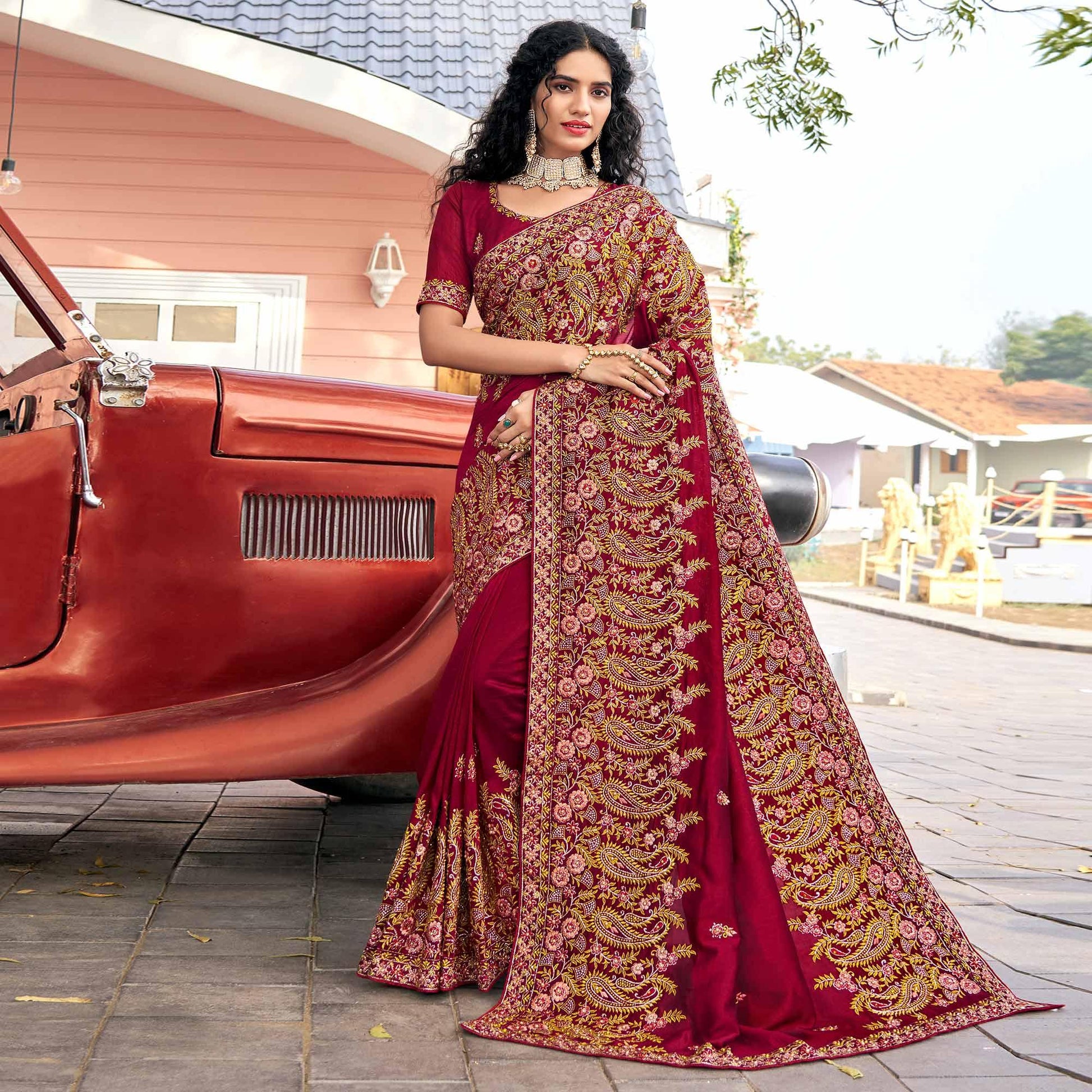 Maroon Embellished With Embroidered Vichitra Silk Saree