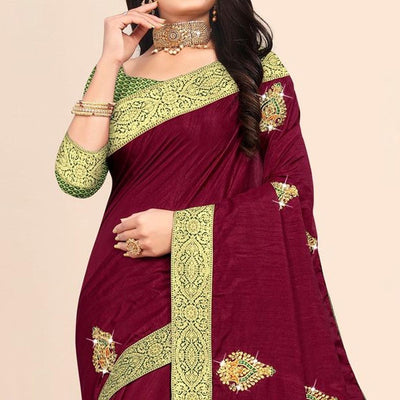 Maroon Embellished With Embroidered Vichitra Silk Saree