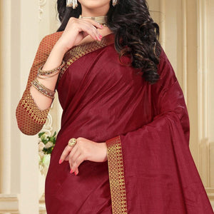 Maroon Embellished With Embroidered Vichitra Silk Saree