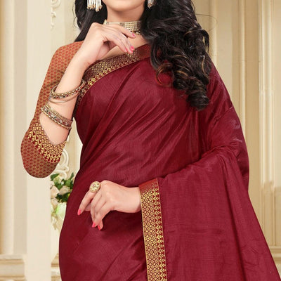 Maroon Embellished With Embroidered Vichitra Silk Saree