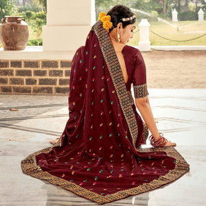 Maroon Embellished With Embroidered Vichitra Silk Saree