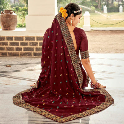 Maroon Embellished With Embroidered Vichitra Silk Saree