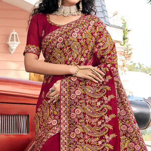 Maroon Embellished With Embroidered Vichitra Silk Saree