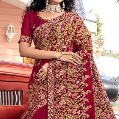 Maroon Embellished With Embroidered Vichitra Silk Saree