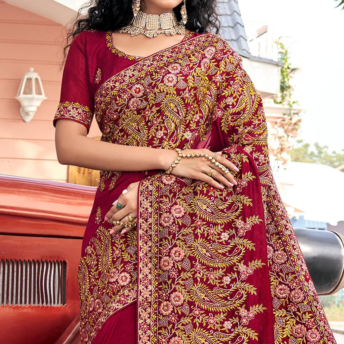 Maroon Embellished With Embroidered Vichitra Silk Saree