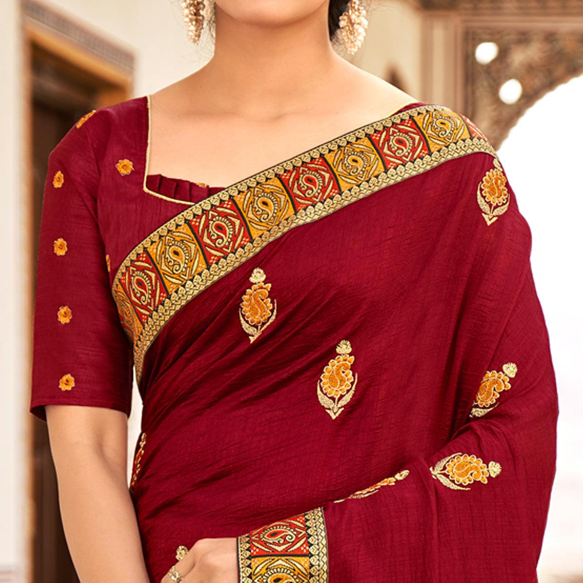 Maroon Embellished With Embroidered Vichitra Silk Saree