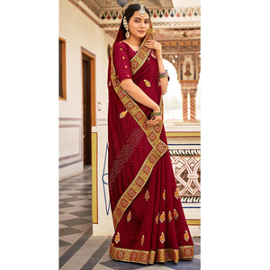 Maroon Embellished With Embroidered Vichitra Silk Saree