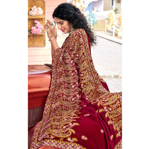 Maroon Embellished With Embroidered Vichitra Silk Saree