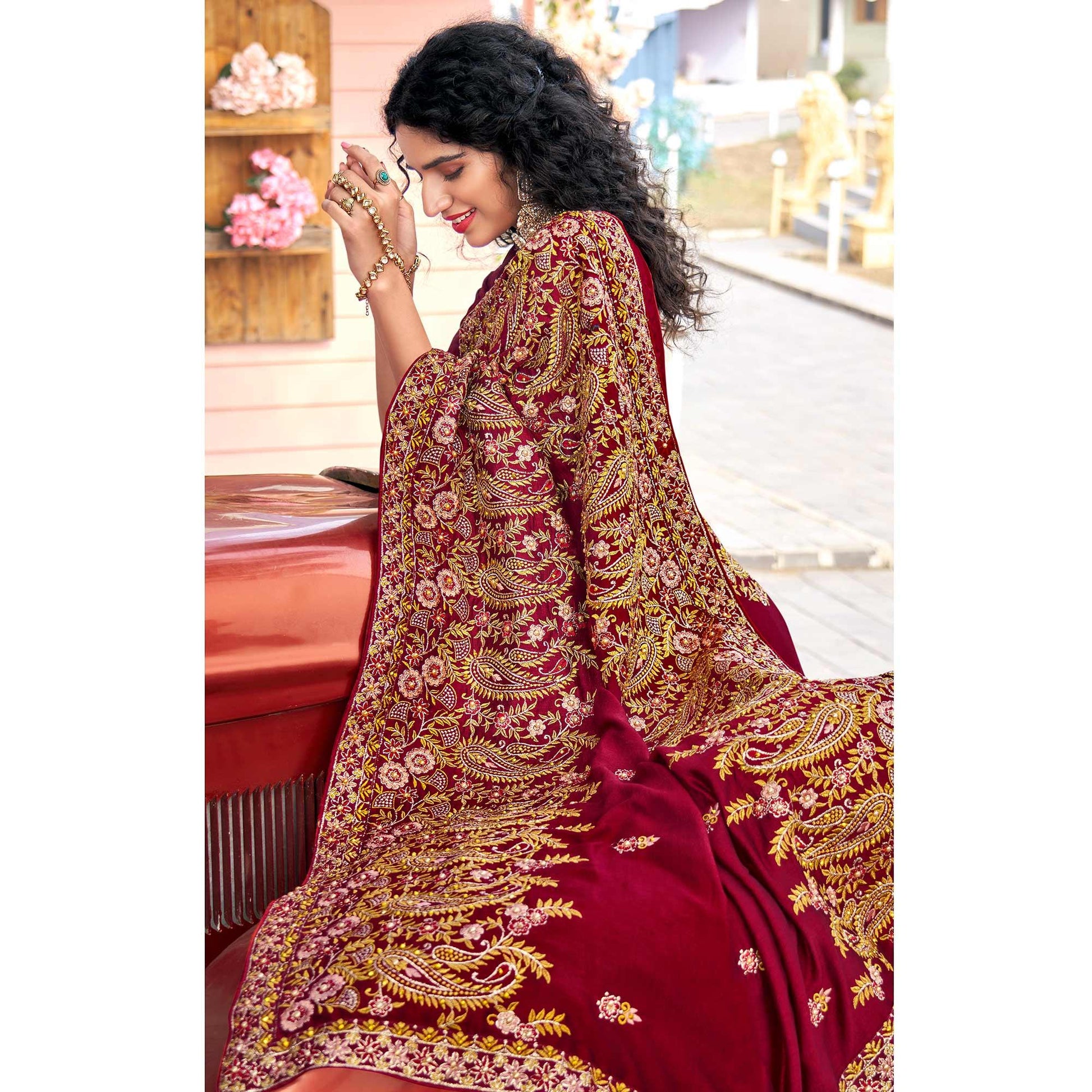 Maroon Embellished With Embroidered Vichitra Silk Saree