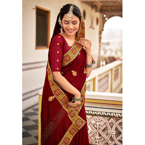 Maroon Embellished With Embroidered Vichitra Silk Saree
