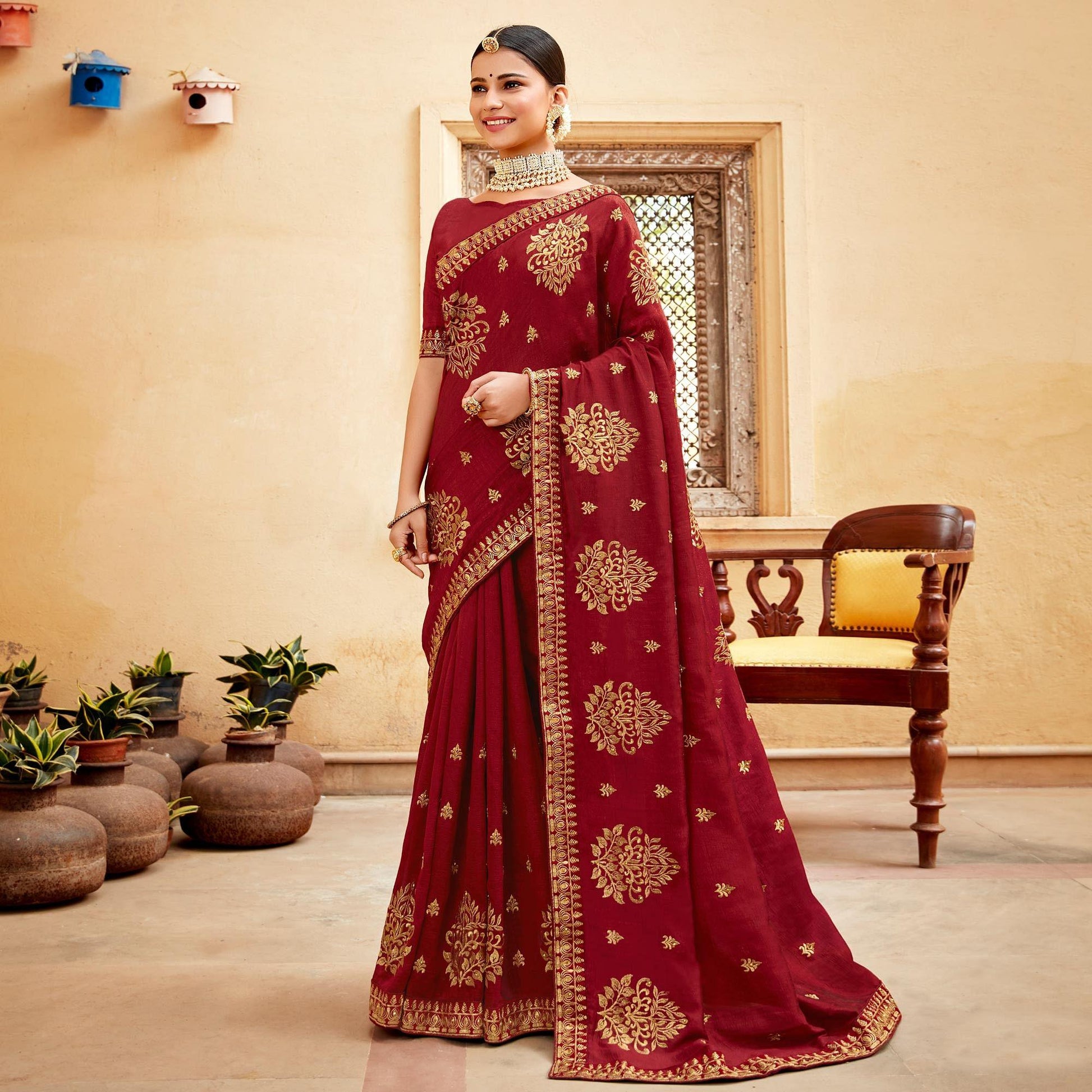 Maroon Embellished With Woven Vichitra Silk Saree