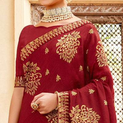 Maroon Embellished With Woven Vichitra Silk Saree