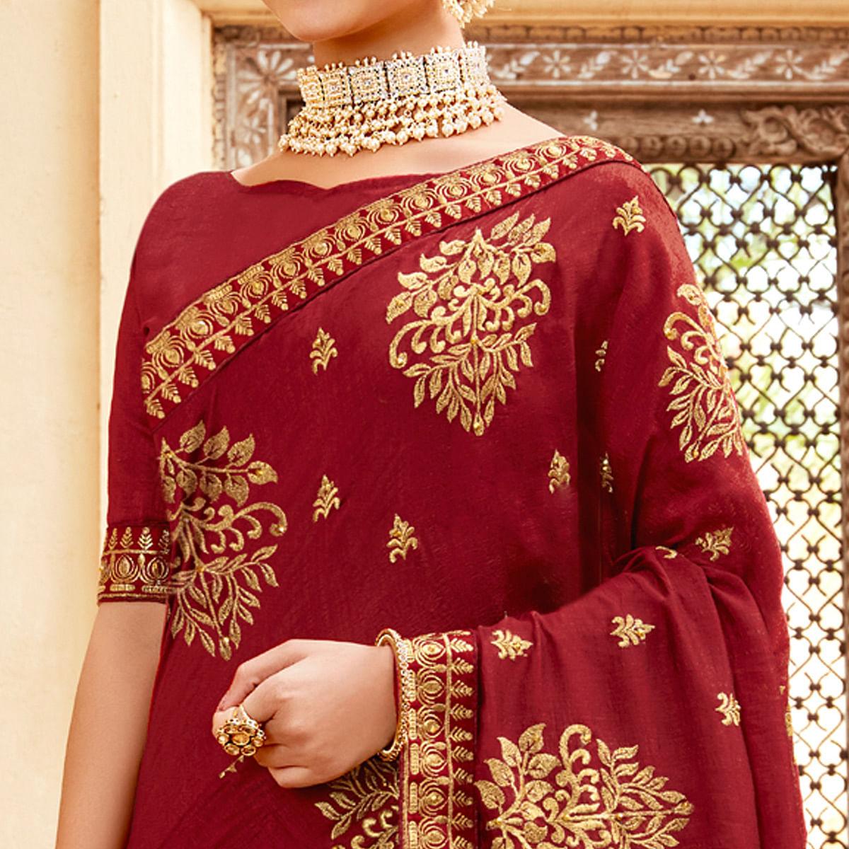 Maroon Embellished With Woven Vichitra Silk Saree