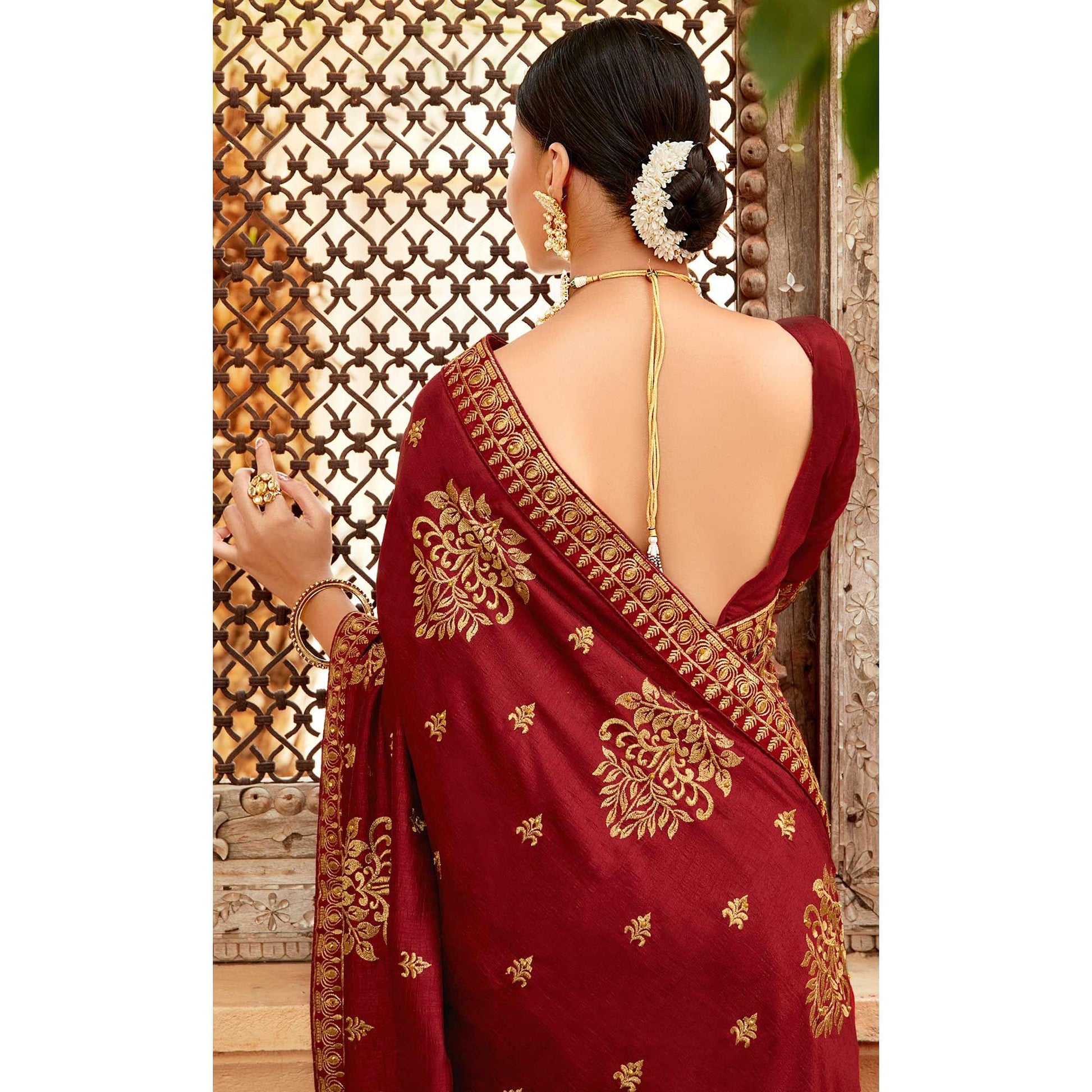 Maroon Embellished With Woven Vichitra Silk Saree