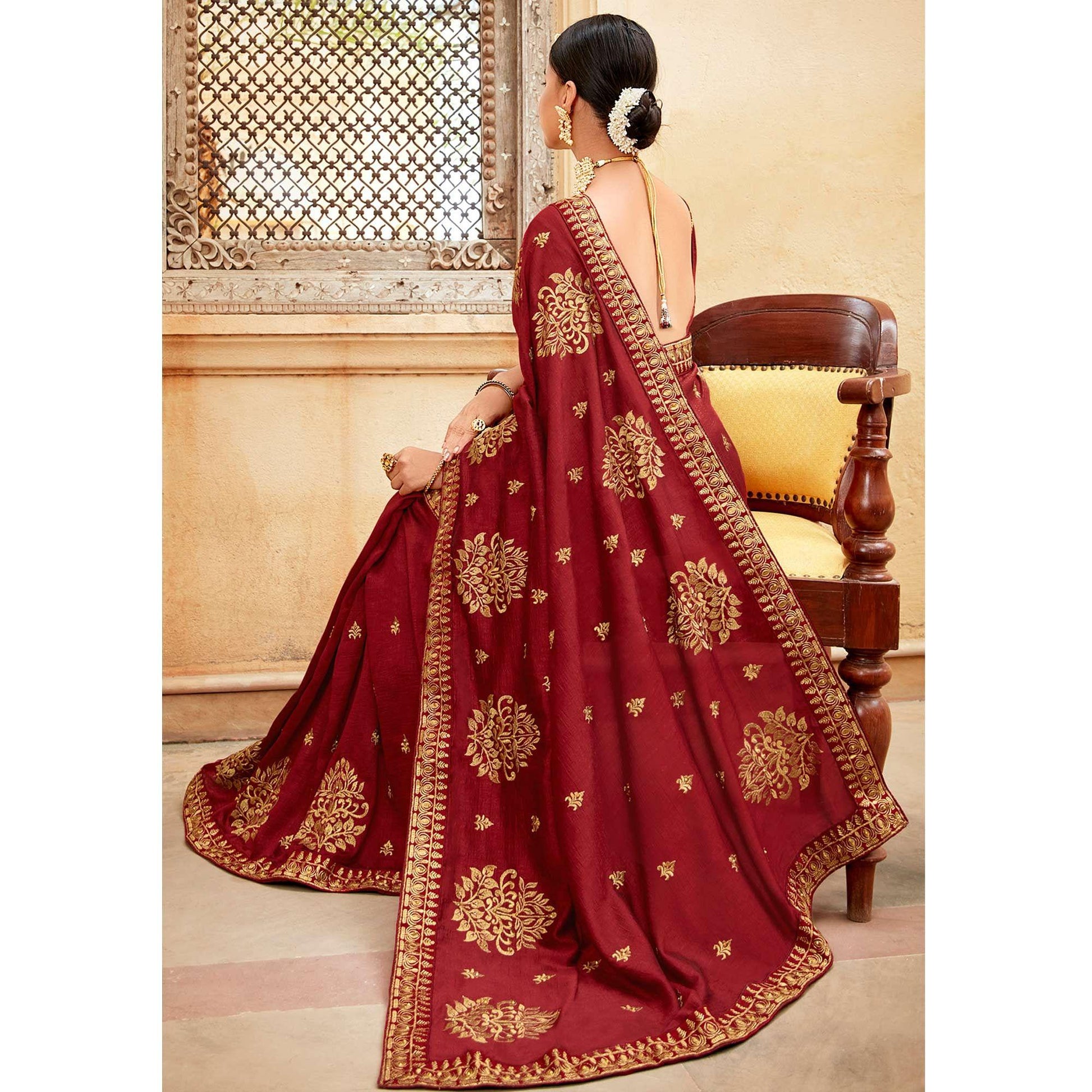 Maroon Embellished With Woven Vichitra Silk Saree