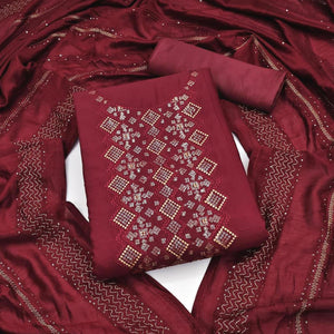 Maroon Embroidered Art Silk Dress Material