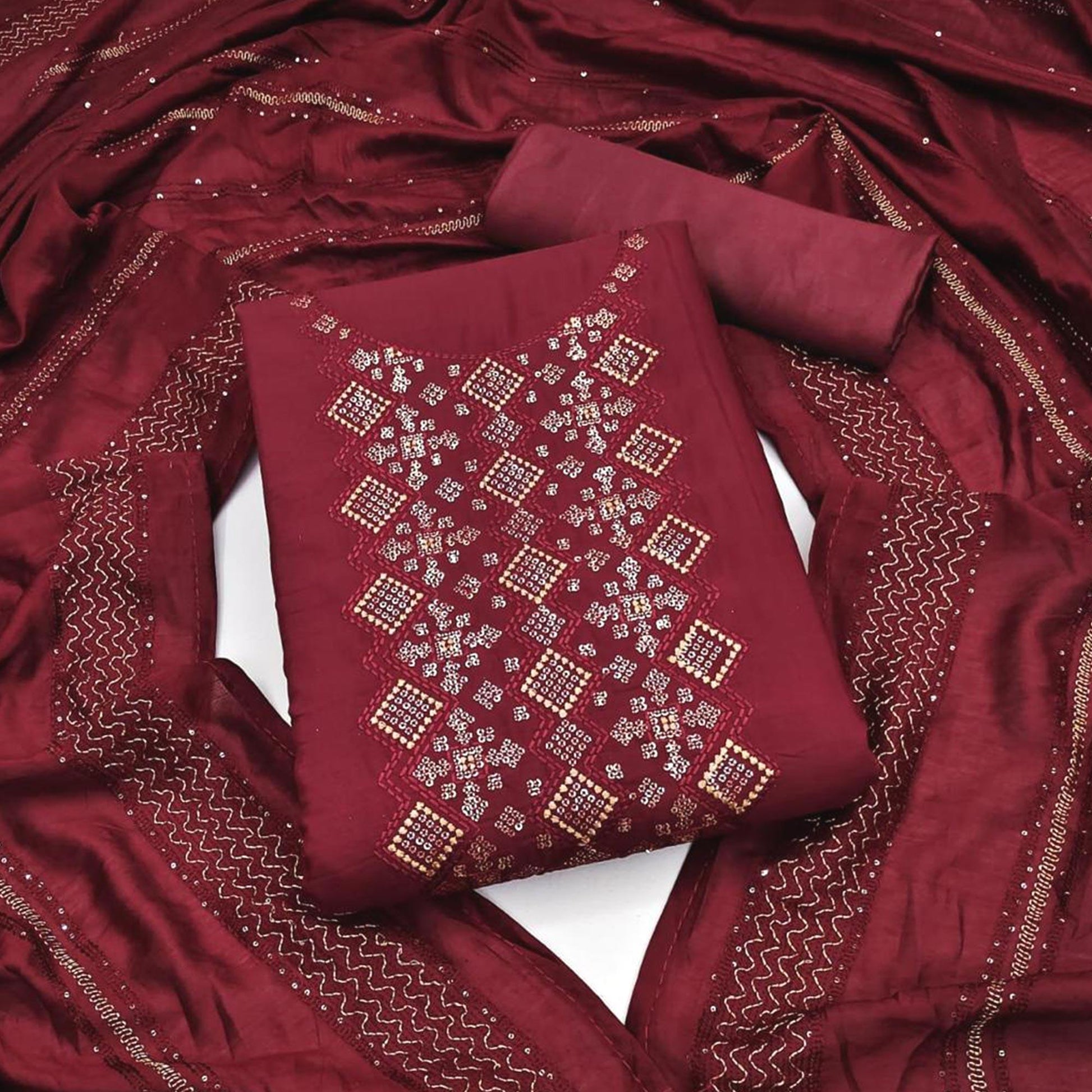Maroon Embroidered Art Silk Dress Material