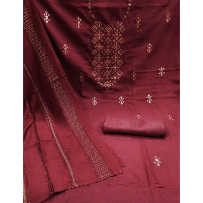Maroon Embroidered Art Silk Dress Material