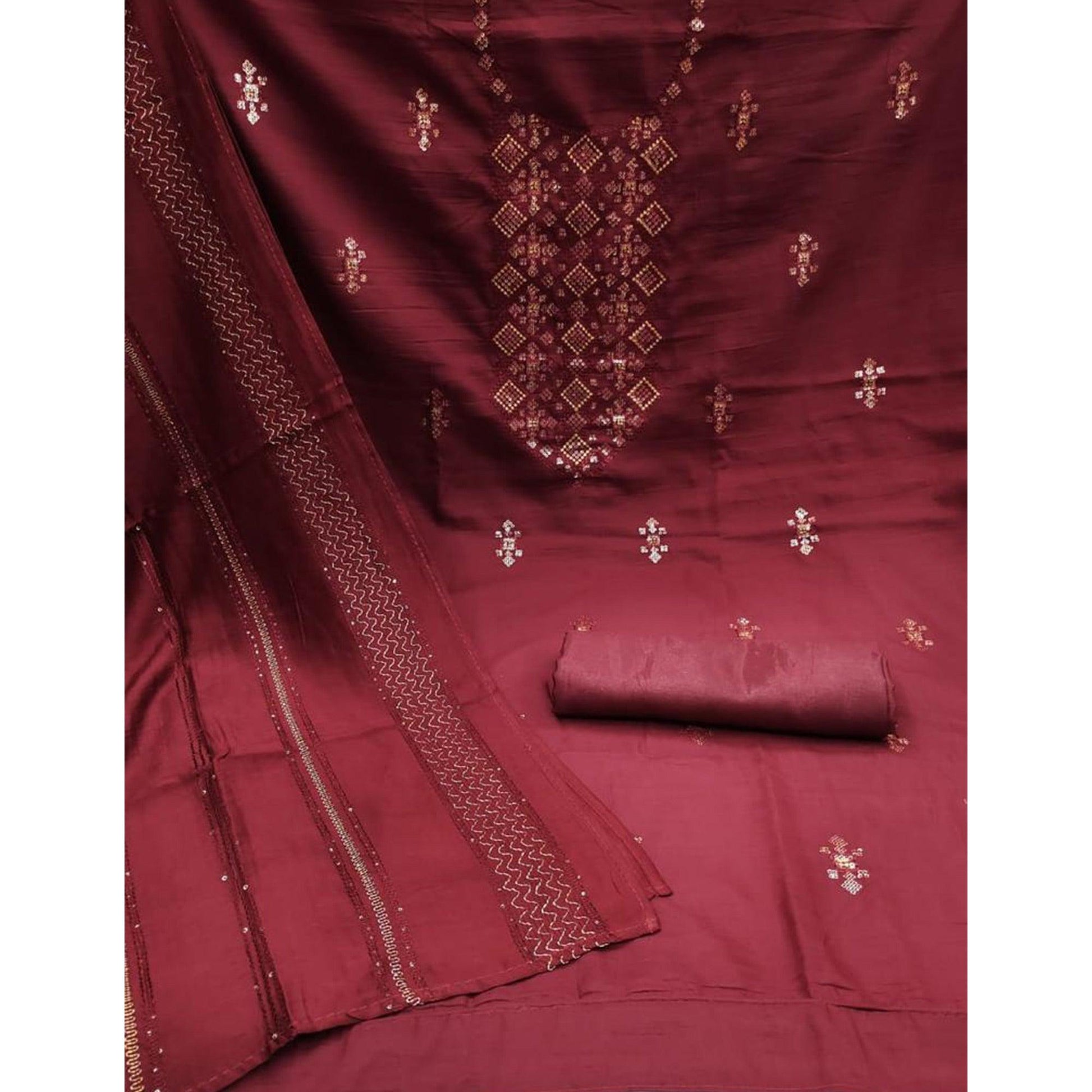 Maroon Embroidered Art Silk Dress Material