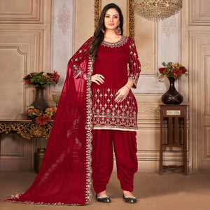 Maroon Embroidered Art Silk Patiala Suit