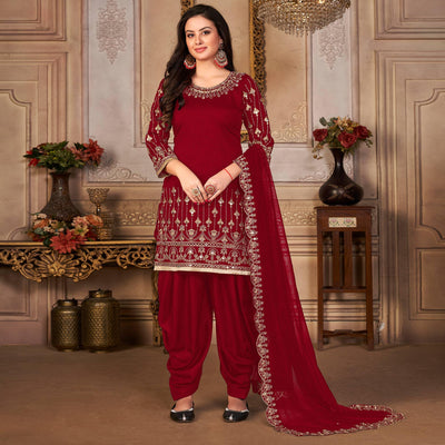 Maroon Embroidered Art Silk Patiala Suit