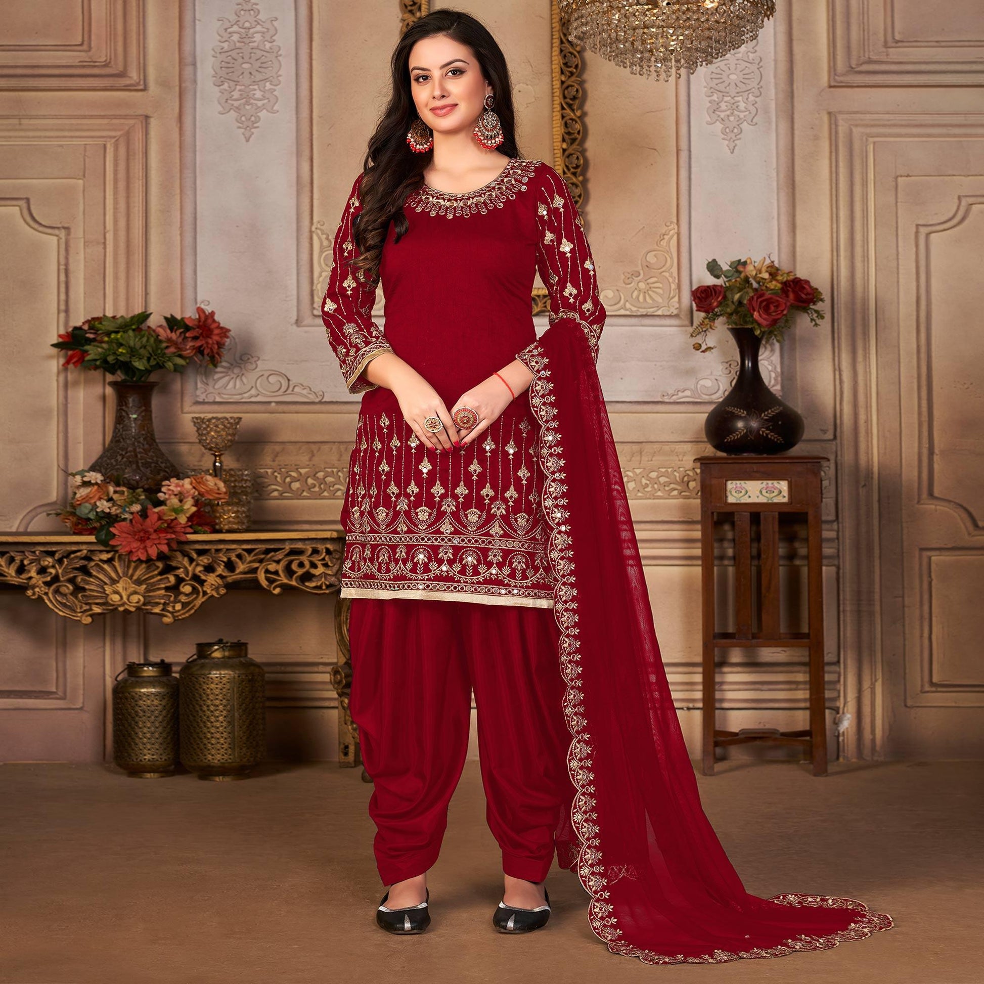 Maroon Embroidered Art Silk Patiala Suit