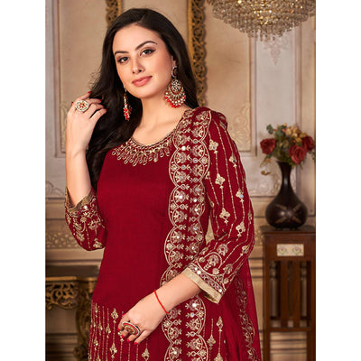 Maroon Embroidered Art Silk Patiala Suit